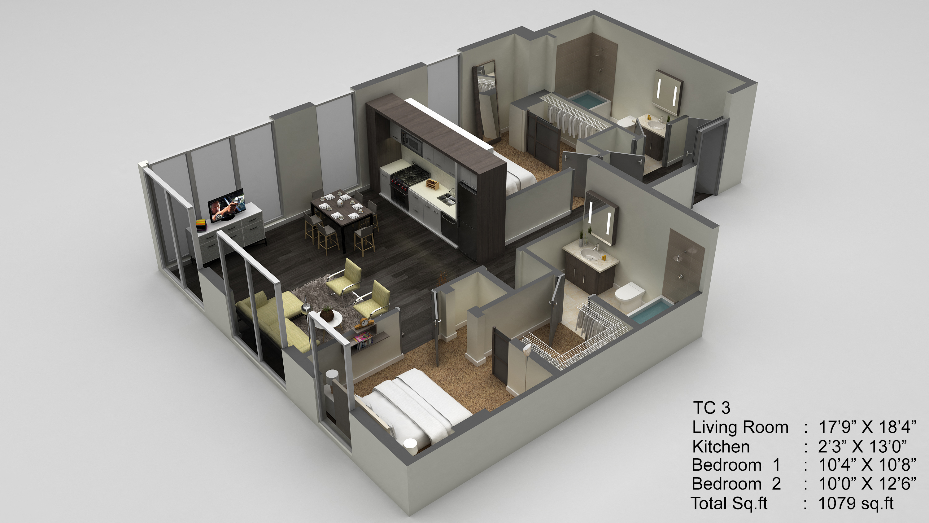 Floor plan for 2 beds, 2 baths, 1079 sqft